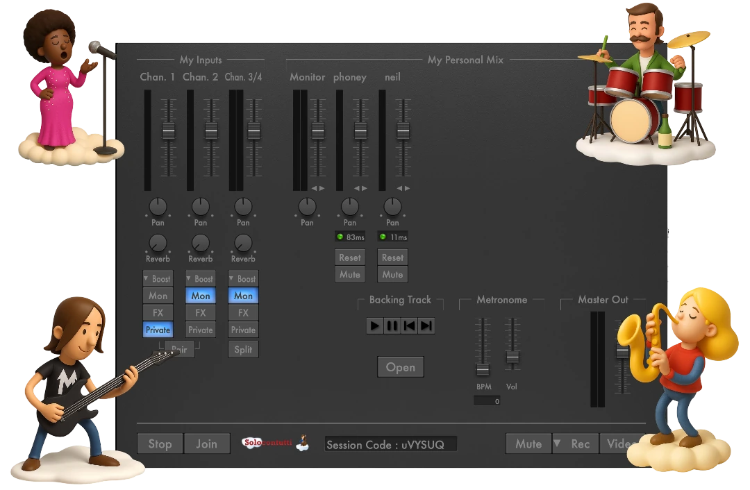 Musicians playing music together online with Solocontutti